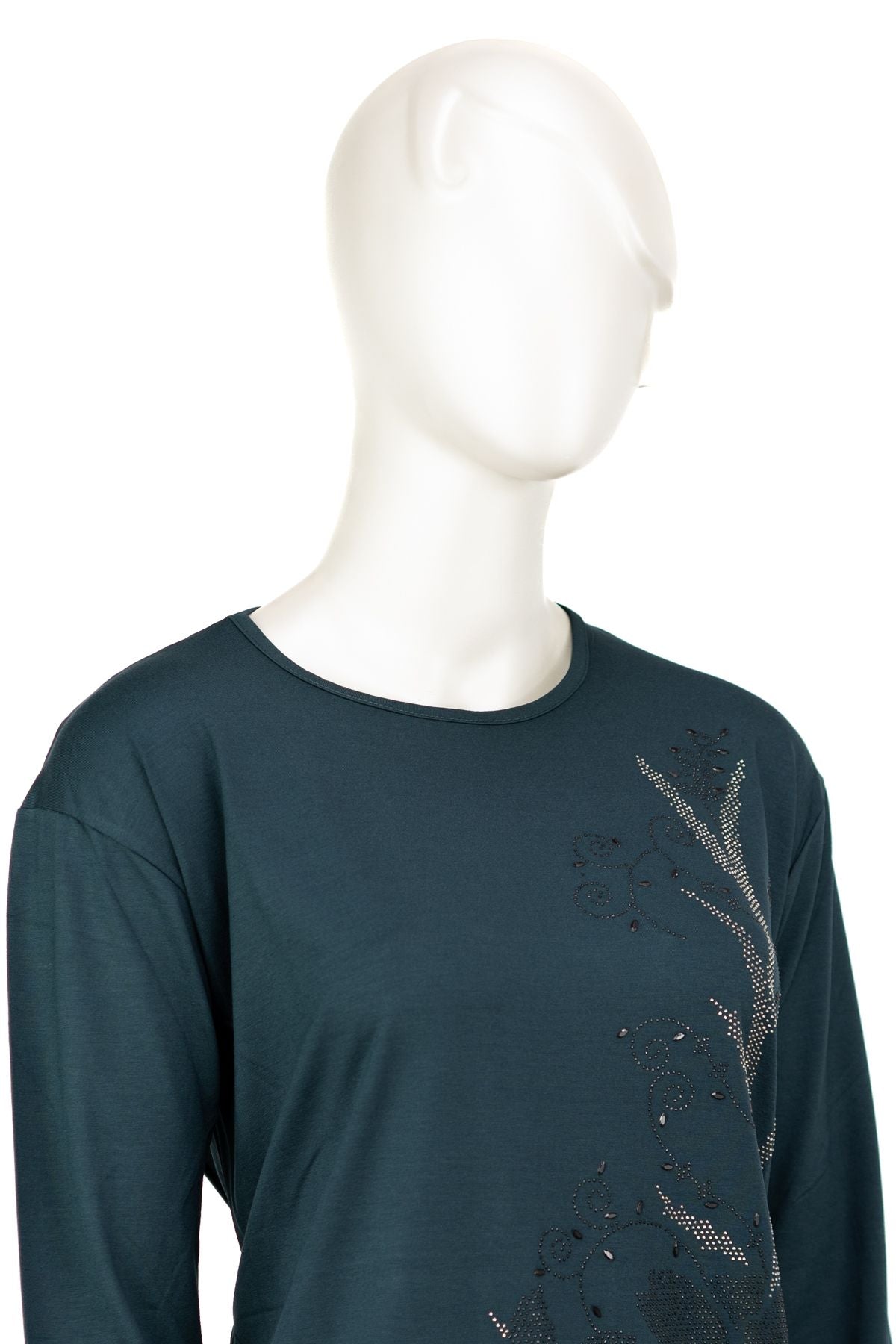 Kadın Turlu Viskon Penye Kumaş Anne Bluz Şık Çiçek Taşlı Yuvarlak Yaka Tam Kalıp Likralı